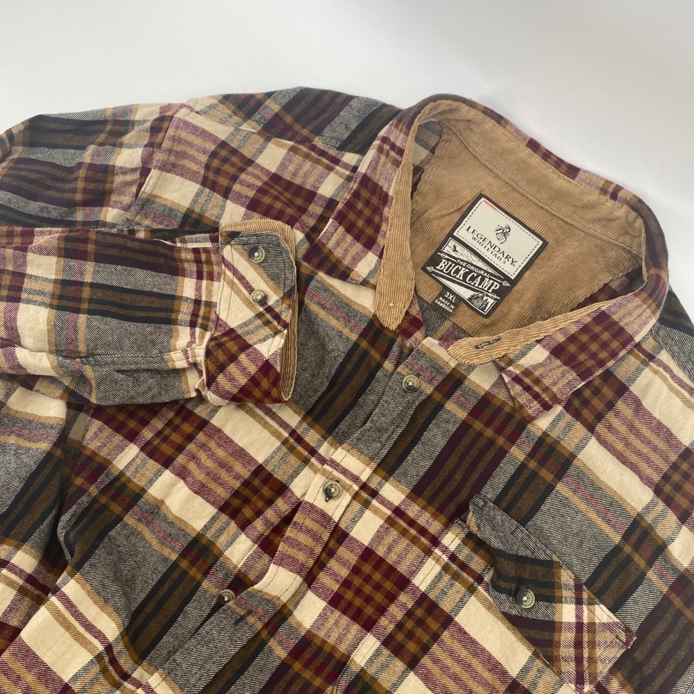 Legendary Whitetails Buck Camp Flannel Shirt Mens 3XL Plaid Burgundy Grey